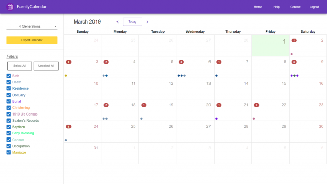 Family Calendar Creates a Calendar With Events From Your Family History